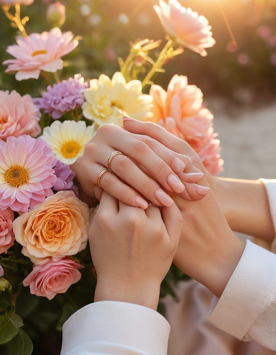 A close-up of intertwined hands, showcasing delicate rings symbolizing commitment, surrounded by soft pastel flowers that evoke romance. In the background, a gentle sunset casts warm, golden light, enhancing the mood of intimacy and connection. The overall composition should evoke feelings of warmth and tenderness. super-realistic. vibrant colors. soft focus.