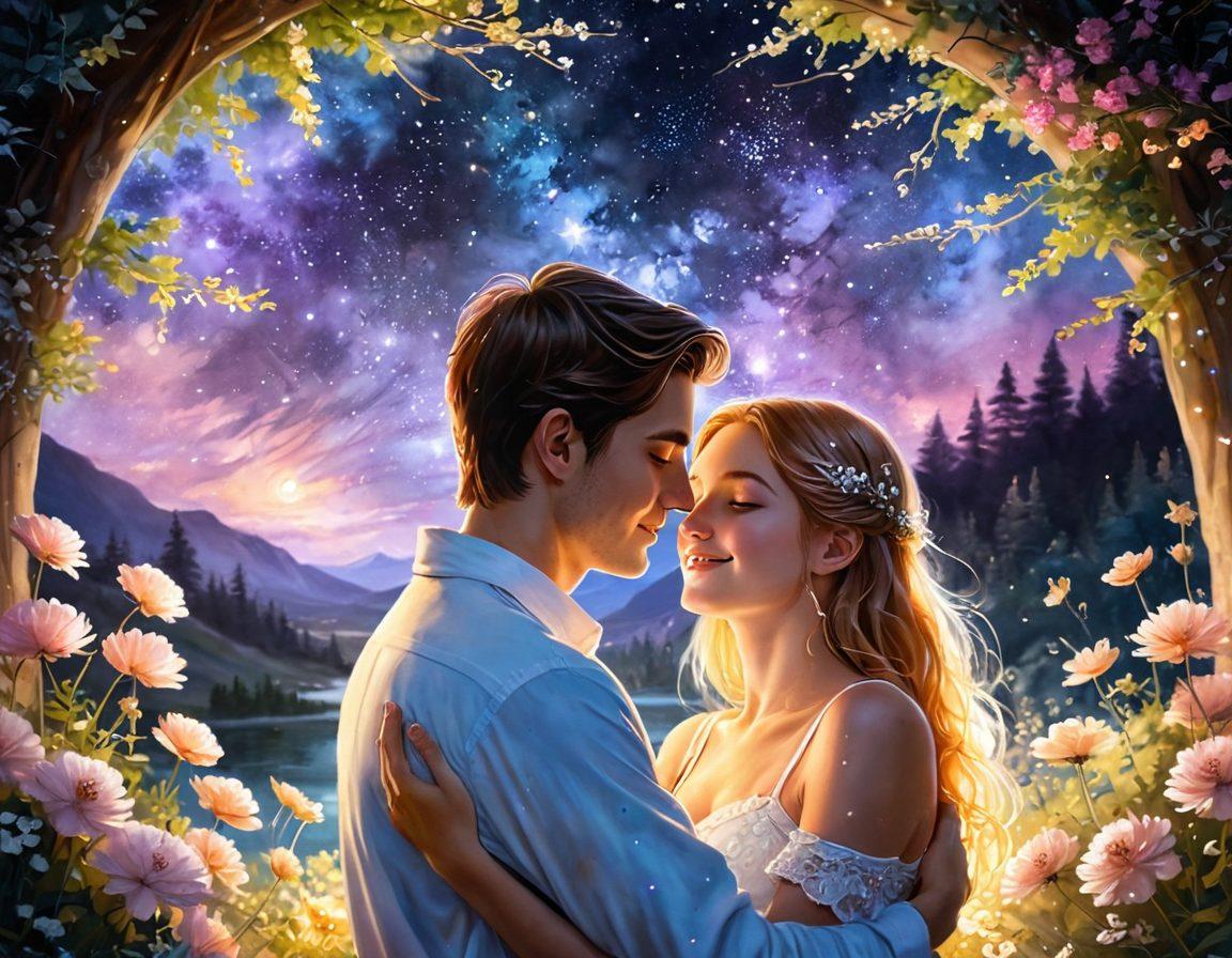 A warm and romantic scene depicting a couple sharing a soft embrace under a starlit sky, with gentle light illuminating their joyful expressions. Surround them with flowers representing love and tenderness, and include twinkling fairy lights to enhance the magical atmosphere. The background should fade into a dreamy landscape with soft colors. painting. vibrant colors. ethereal lighting.
