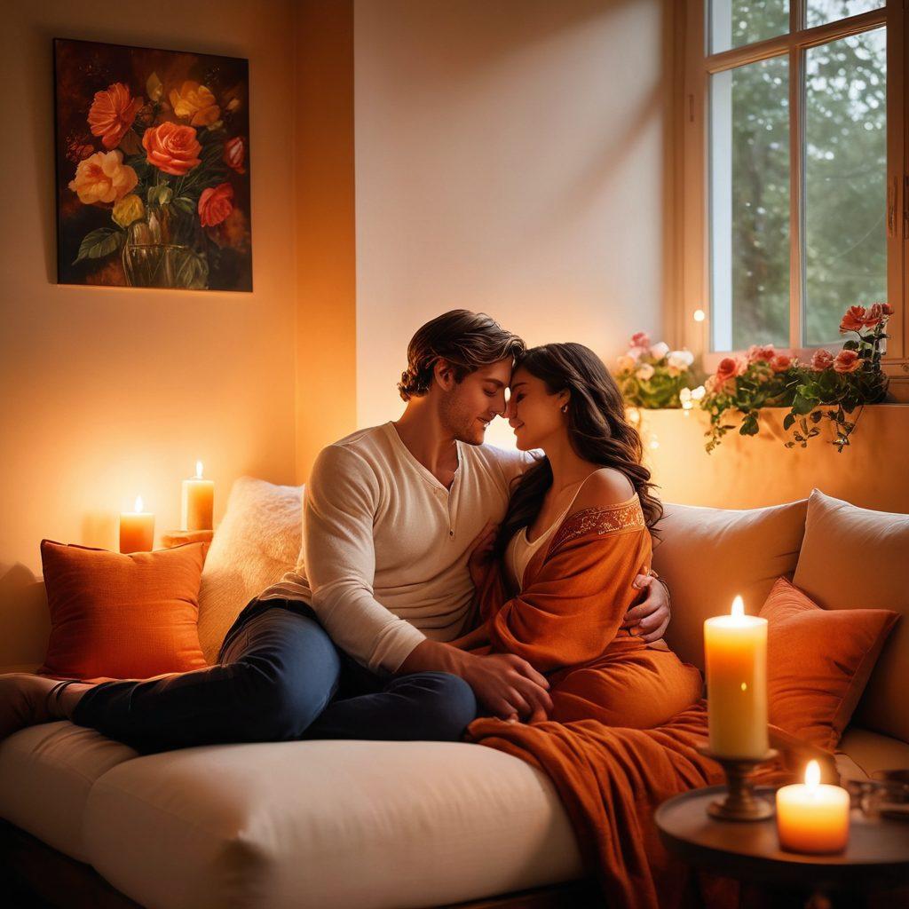 A warm and inviting scene depicting a couple sharing a tender moment in a cozy, candle-lit room, surrounded by soft cushions and subtle floral decorations. Their expressions reflect deep love and intimacy, showcasing gentle gestures like holding hands and gazing into each other's eyes. The ambiance is filled with rich, warm colors that evoke feelings of devotion and comfort. super-realistic. vibrant colors. soft lighting.